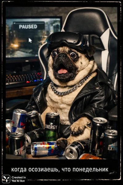 Понедельник в виртуальной реальности: пёс в шоке от осознания. Картинка из нейросети Sora