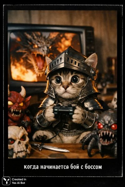 Кот-воин против дракона: эпичная битва за победу в видеоигре. Изображение из нейросети Sora Ai Images