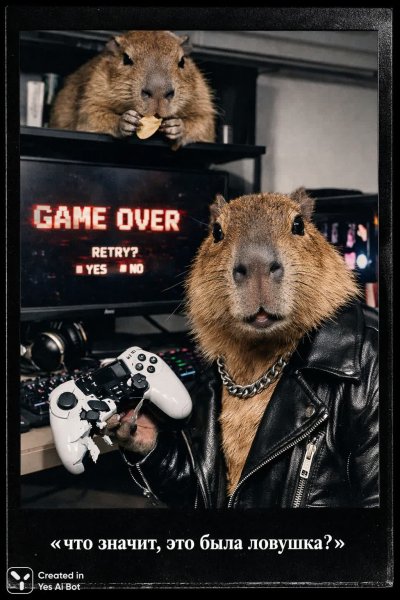 Капибара попалась в ловушку: игра окончена и злодейский бельчонок наблюдает за этим хаосом. Нейросеть Sora Image
