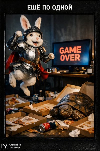 Ночной гейминг: заяц-рыцарь и проигранный раунд. Изображение из нейронной сети Sora Ai Images