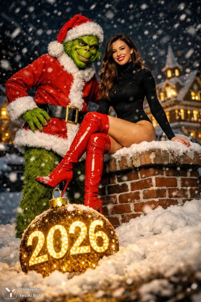 Зеленый Гринч и рождественская ночь: праздничное приключение на фоне зимней сказки. Картинка из нейронной сети Sora Images