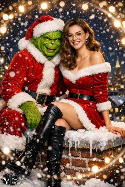 Зимняя сказка: Гринч и Санта в волшебном городе. Картинка из нейронной сети Sora Ai Images