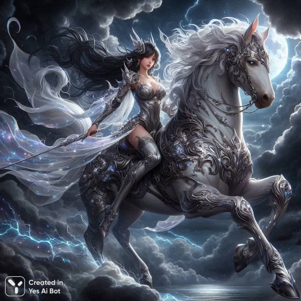 Воительница на туманном коне в лунном свете. Картинка из нейронной сети Dalle