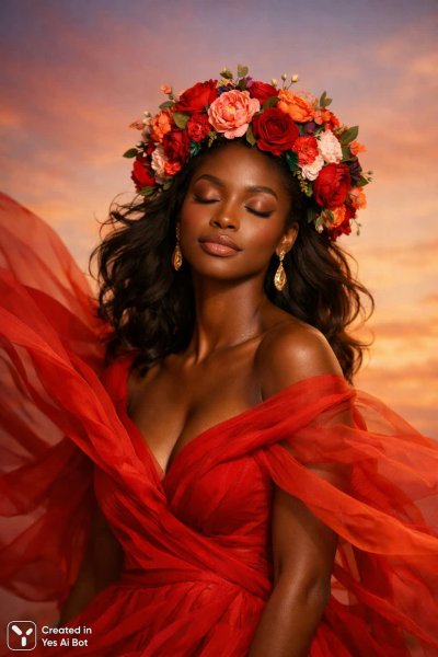 Портрет женщины в алом: красота и спокойствие на фоне заката. Картинка из нейросети Sora Ai Images