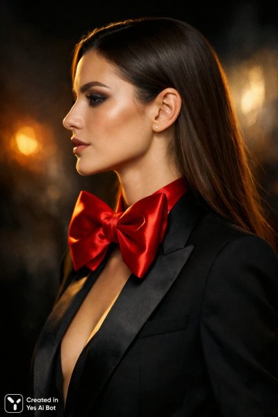 Элегантность в черном: стильный портрет современной женщины в смокинге. Изображение из нейронной сети Sora Image
