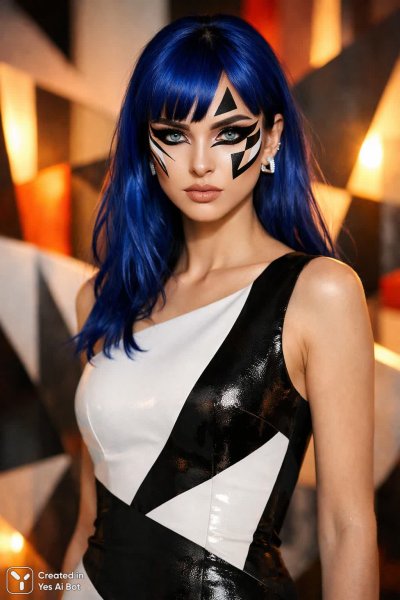 Загадочная красота: портрет с яркими деталями и выразительным макияжем в современном пространстве. Изображение из нейросети Sora Images