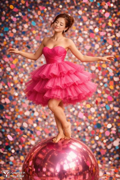 Невероятная нежность: женщина в розовом платье на воздушном шаре среди конфетти. Генерация из нейронной сети Sora images Ai