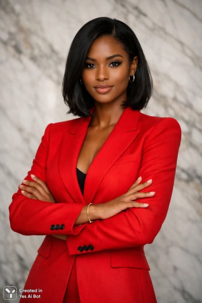 Элегантность в красном: стильный образ современной женщины с темной кожей и короткой стрижкой. Картинка из нейронной сети Sora images Ai