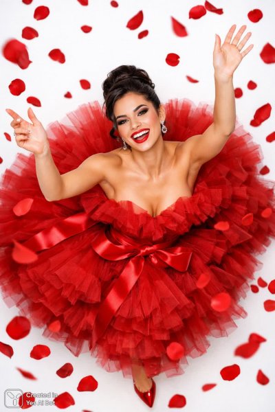 Портрет в красном: торжество красоты и чувственности среди лепестков роз. Генерация из нейронной сети Sora Images