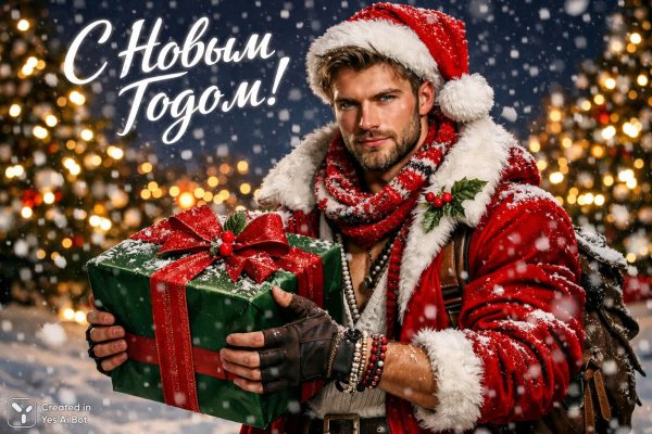 Мощный Санта на заснеженной сцене с подарком и праздничным настроением. Генерация из нейронной сети Sora Image