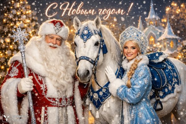 Зимняя сказка с Дедом Морозом и Снегурочкой: волшебный конь дарит новогоднее настроение. Генерация из нейронной сети Sora Image