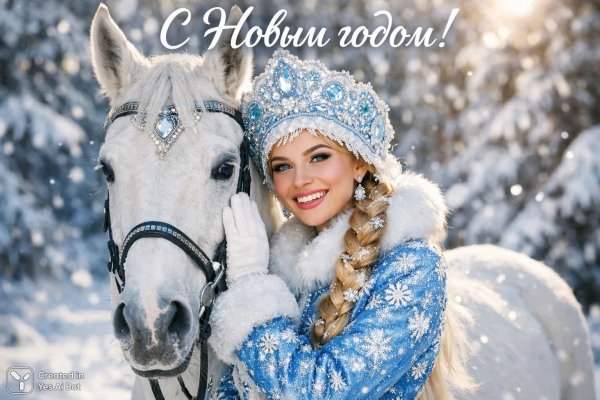 Снегурочка и белоснежный конь в зимней сказке новогоднего чуда. Картинка из нейронной сети Sora
