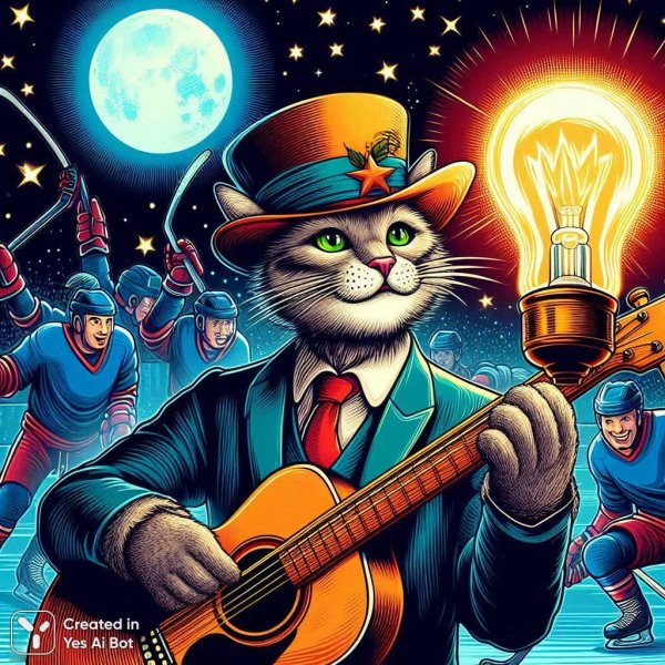 Кот-музыкант: Ночное выступление под звездным небом для хоккеистов. Генерация из нейронной сети Dalle