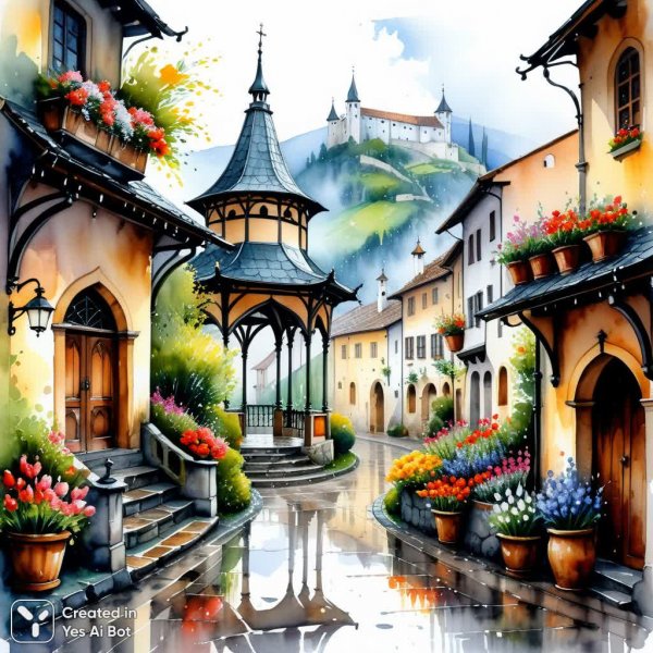 Средневековый город в цветущей долине под дождем. Генерация из нейросети Стейбл Дифьюжен