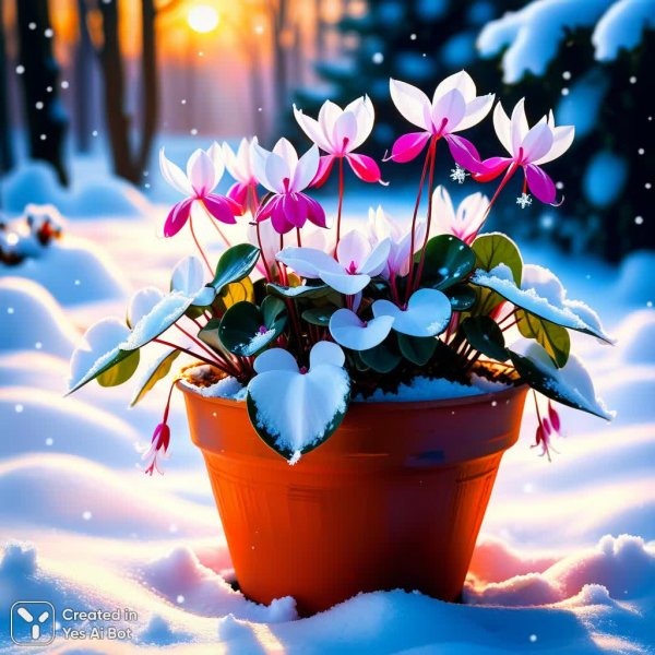 Зимний цикламен в снегу: импрессионистический этюд света и тени. Картинка из нейросети Stable Diffusion