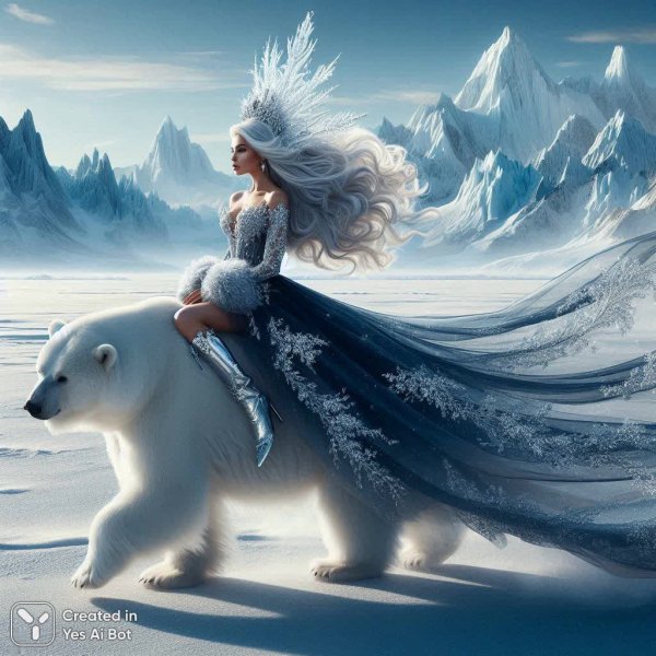 Белая медведица в ледяной пустыне: сказочное путешествие сквозь снежные просторы и мерцающий холод. Генерация из нейросети Dalle