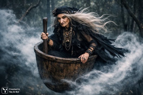 Баба Яга над дремучим лесом в таинственном тумане. Нейросеть Sora images Ai