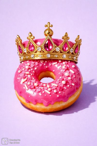 Розовый пончик с золотой короной на пастельном фоне. Картинка из нейросети Sora