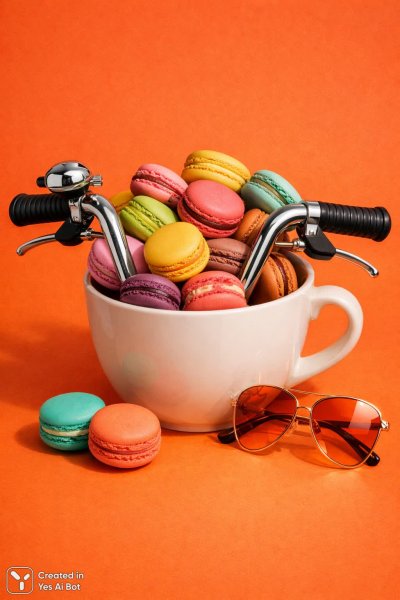 Фантастическое угощение: макаруны и велосипед в ярком мире. Изображение из нейронной сети Sora images Ai