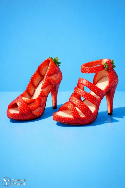 Клубничные туфельки на шпильке: игривый минимализм и яркий фон. Изображение из нейронной сети Sora Ai Images