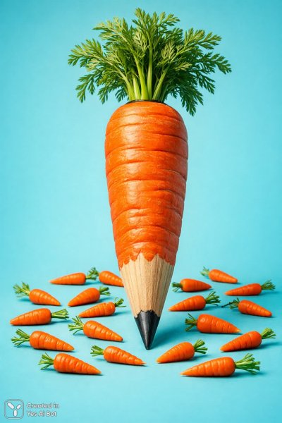 Сюрреалистичный карандаш-морковь и миниатюрные овощи на ярком фоне. Изображение из нейросети Sora