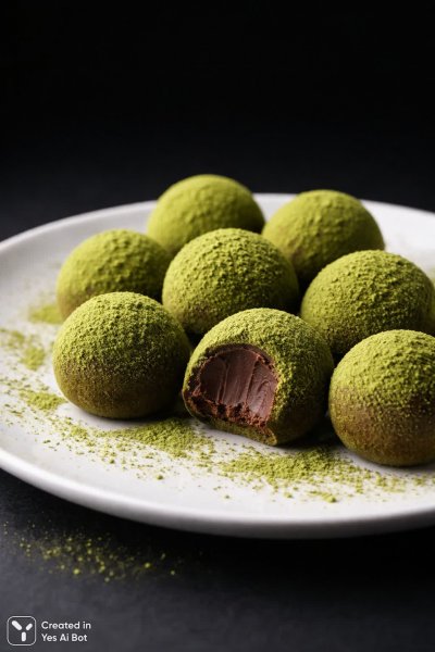 Изысканные шоколадные трюфели в матчевой глазури: эстетика и вкус. Картинка из нейронной сети Sora