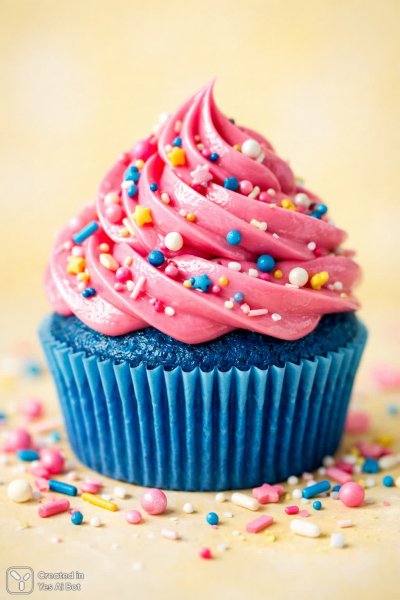 Нежный десерт: голубой капкейк с розовой глазурью и яркими посыпками. Нейросеть Sora