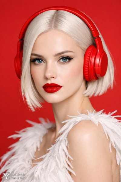 Блондинка в красных наушниках: стильная современная мода. Изображение из нейросети Sora Ai Images