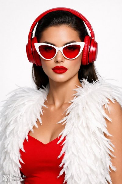 Стиль и аксессуары: эффектный образ в красных деталях и белом пухе. Нейронная сеть Sora Images