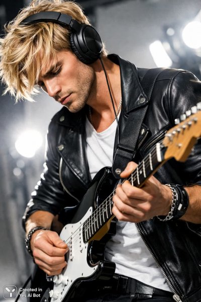 Музыкальный драйв гитариста в ярком свете студии. Нейронная сеть Sora images Ai