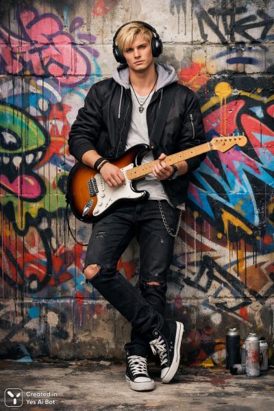 Молодой гитарист в городском стиле против яркого граффити фона. Изображение из нейронной сети Sora images Ai