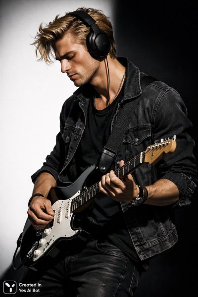 Эмоциональный портрет гитариста в гиперреалистичном стиле. Изображение из нейросети Sora Images
