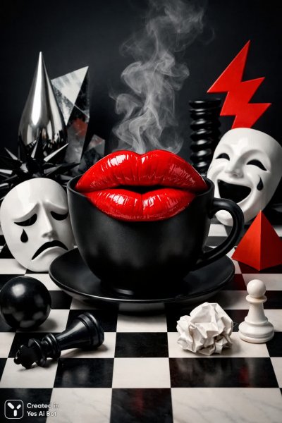Внутренний хаос и геометрия чувств: сюрреалистичная композиция с шахматами и кофе. Генерация из нейронной сети Sora Image