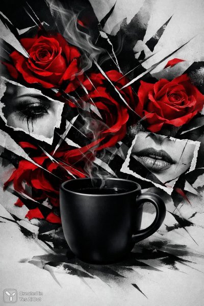 Красные розы, разбитые линии и тревога в монохроме. Изображение из нейронной сети Sora Image