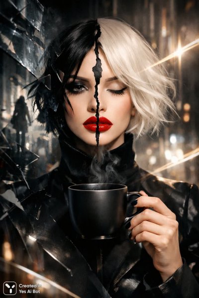Слияние реальностей: красный поцелуй и чёрный кофе в полумраке. Изображение из нейросети Sora Ai Images