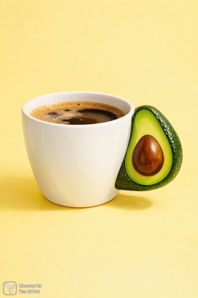 Авокадо и кофе: необычное сочетание в ярком минимализме. Нейросеть Sora images Ai