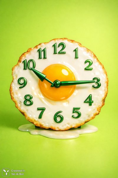 Забавные часы с яйцом и зелеными стрелками в сюрреалистичном стиле. Картинка из нейронной сети Sora Images