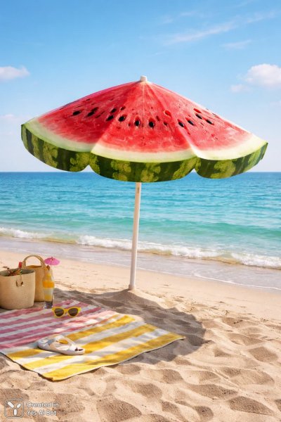Воображаемый пляж из арбузной волшебной сказки с ярким освещением и игривой композицией. Изображение из нейронной сети Sora Ai Images