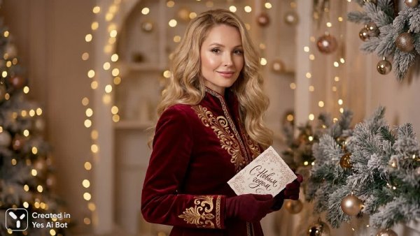 Новогоднее очарование: элегантная женщина в красном бархате. Изображение из нейросети Nano Banana