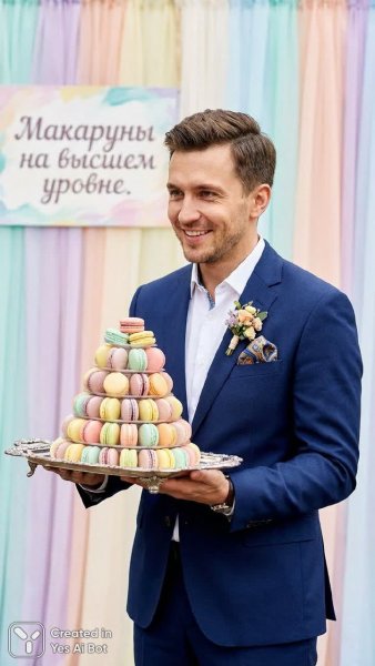 Элегантный джентльмен и башни из макарун: совершенство вкуса и стиля. Картинка из нейросети Nano-Banana
