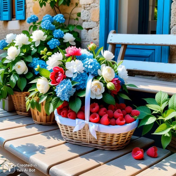 Нежность и очарование: букет в плетеной корзине в стиле Прованс. Изображение из нейросети Stable Diffusion