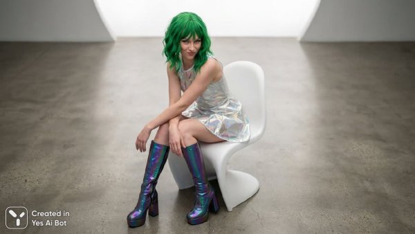 Футуристический портрет: зеленые волосы и голографическое платье. Нейронная сеть Нано Банана