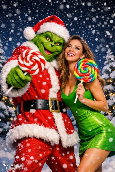 Зимнее настроение: Гринч в костюме Санты и девушка с леденцами. Картинка из нейронной сети Sora Image