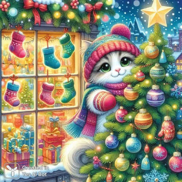 Рождественская сказка с пушистым котом и яркими витринами акварелью. Нейросеть Dalle 3