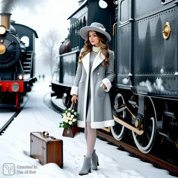 Винтажная элегантность: Ретро-портрет очаровательной девушки в зимнем пейзаже с поездом. Картинка из нейронной сети Stable Diffusion