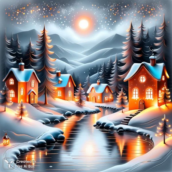 Зимний пейзаж: медные блики и пастельная сказка. Генерация из нейросети Stable Diffusion