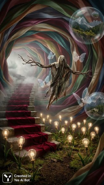 Сюрреалистичный сон: ветви вместо рук и танцующие ленты. Картинка из нейронной сети Nano-Banana