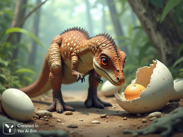 Встреча с жизнью: маленький динозавр и треснувшее яйцо в древнем лесу. Картинка из нейросети Flux 1