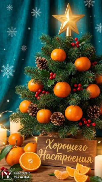 Необычная новогодняя елка с мандаринами: оранжевое настроение праздника и тепла. Изображение из нейронной сети Nano-Banana