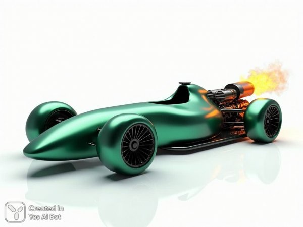 Будущее Формулы 1: изумительный гоночный болид цвета малахита на белом фоне. Картинка из нейронной сети Flux 1